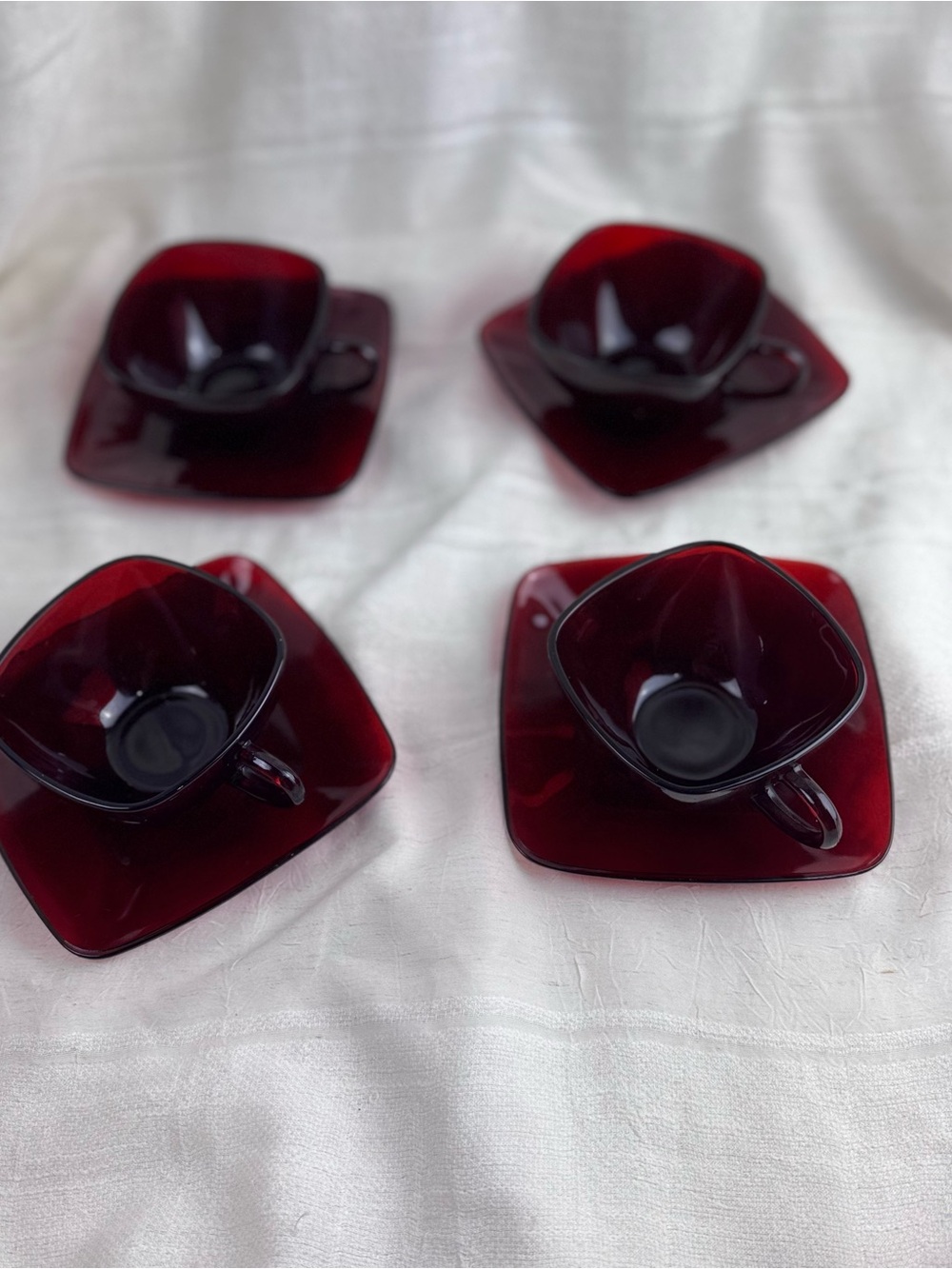 Vintage Fire King Anchor Hocking Ruby Red Glass Square Cups & Saucers (set of 4)